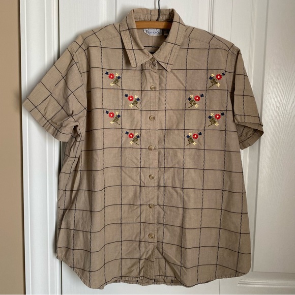 Basic Editions Tan Checkered Button up Blouse with Floral Embroidery Cottage L - Picture 1 of 8